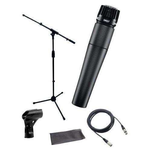 Shure SM57-LC Instrument/Vocal Cardioid Dynamic Microphone Bundle with Mic Boom Stand, XLR Cable, Mic Clip, and Bag