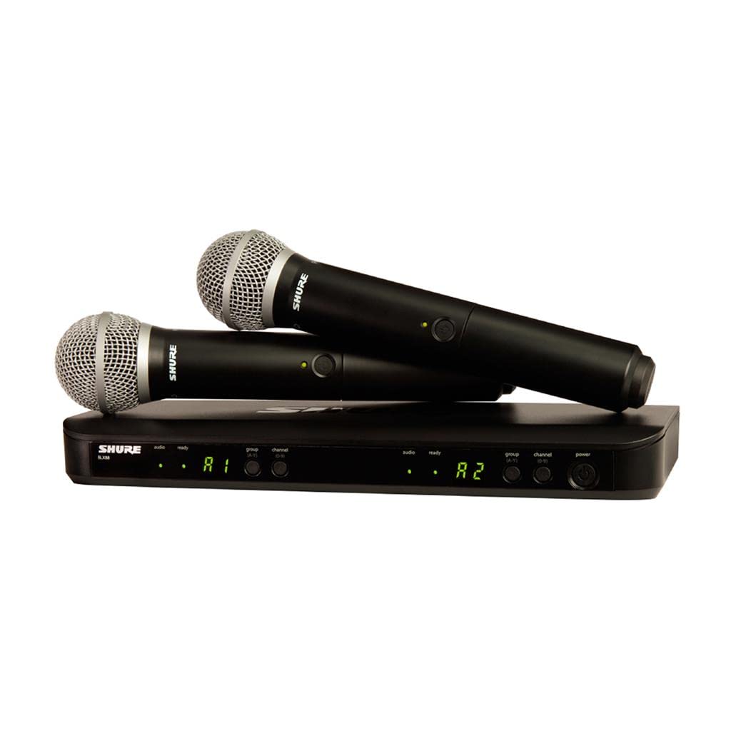 Shure BLX288/PG58 UHF Wireless Microphone System - Perfect for Church, Karaoke, Vocals - 14-Hour Battery Life, 300 ft Range | Includes (2) PG58 Handheld Vocal Mics, Dual Channel Receiver | J11 Band