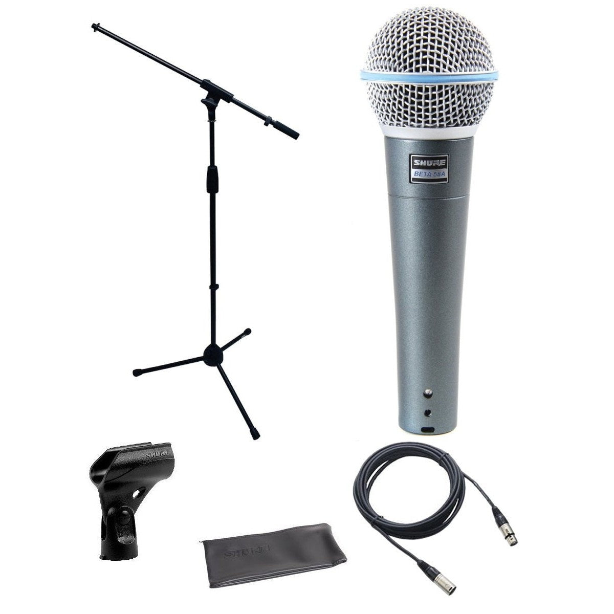 Shure Beta 58a Microphone Bundle with Mic Boom Stand and XLR Cable bundle