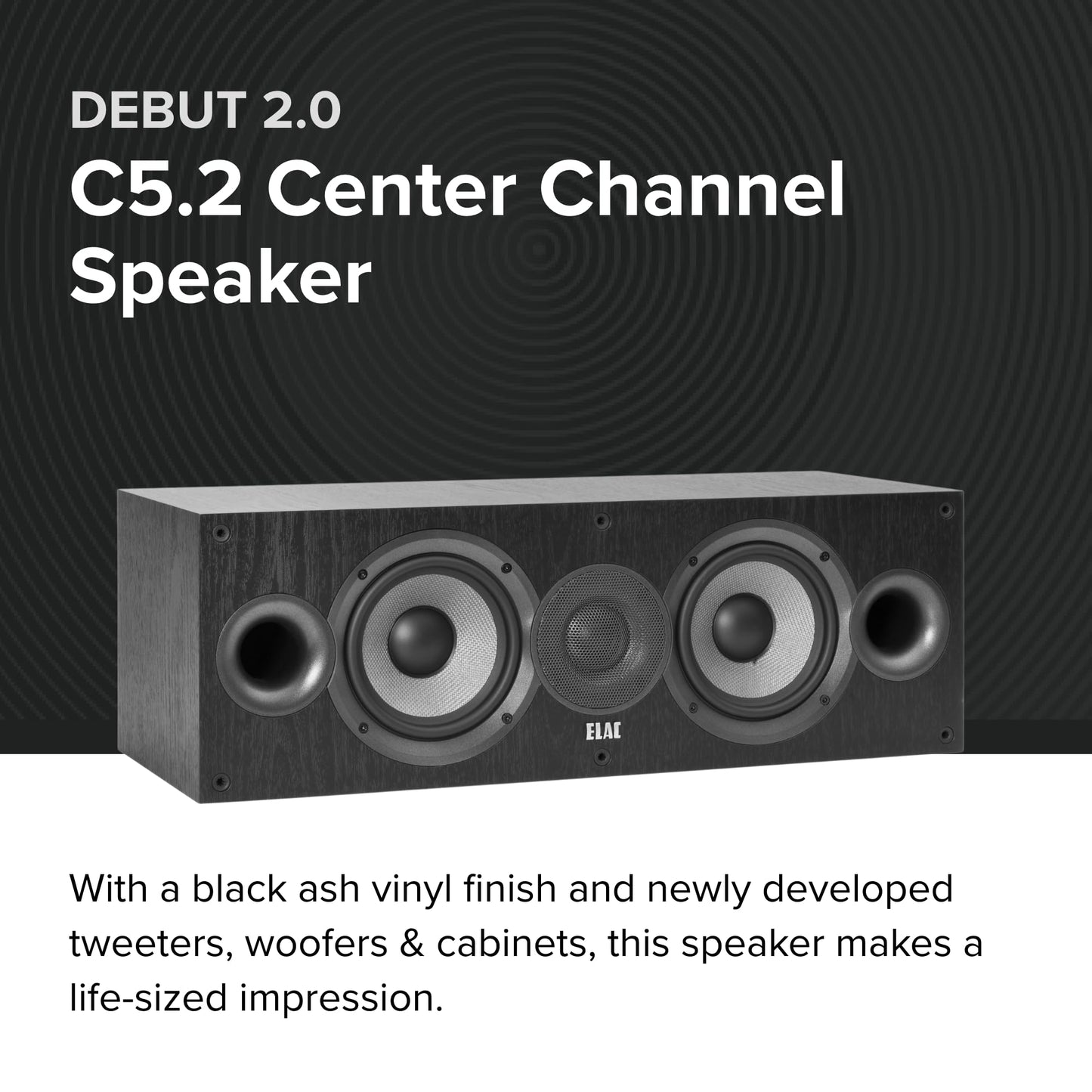 ELAC Debut 2.0 C5.2 Center Channel Speaker, Black - 1” Cloth Dome Tweeter & Dual 5.25” Aramid Fiber Woofers - 2-Way Bass Reflex - Up to 35,000 Hz Response