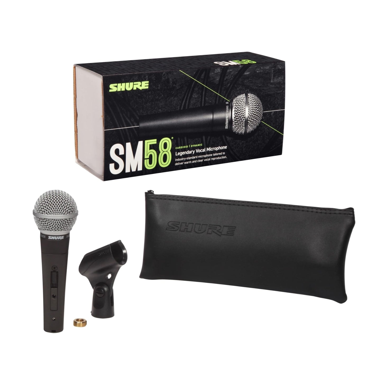 Shure SM58S Cardioid Dynamic Vocal Microphone with On/Off Switch, Pneumatic Shock Mount, Spherical Mesh Grille with Built-in Pop Filter, A25D Mic Clip, Storage Bag, 3-pin XLR Connector