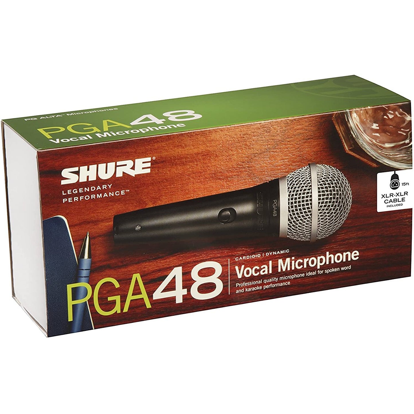 Shure PGA48 Dynamic Microphone - Handheld Mic for Vocals with Cardioid Pick-up Pattern, Discrete On/Off Switch, 3-pin XLR Connector, 15' XLR-to-XLR Cable, Stand Adapter and Zipper Pouch (PGA48-XLR)