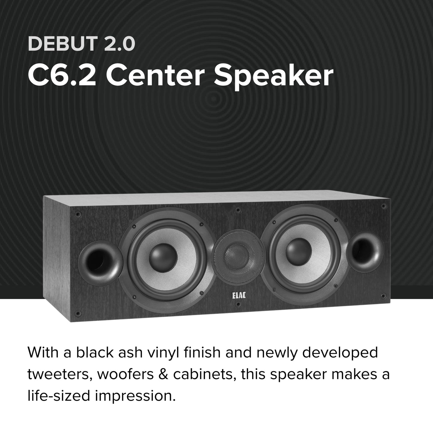 ELAC Debut 2.0 C6.2 Center Channel Speaker, Black - 1” Cloth Dome Tweeter & Dual 6.5” Aramid Fiber Woofers - 2-Way Bass Reflex - Up to 35,000 Hz Response