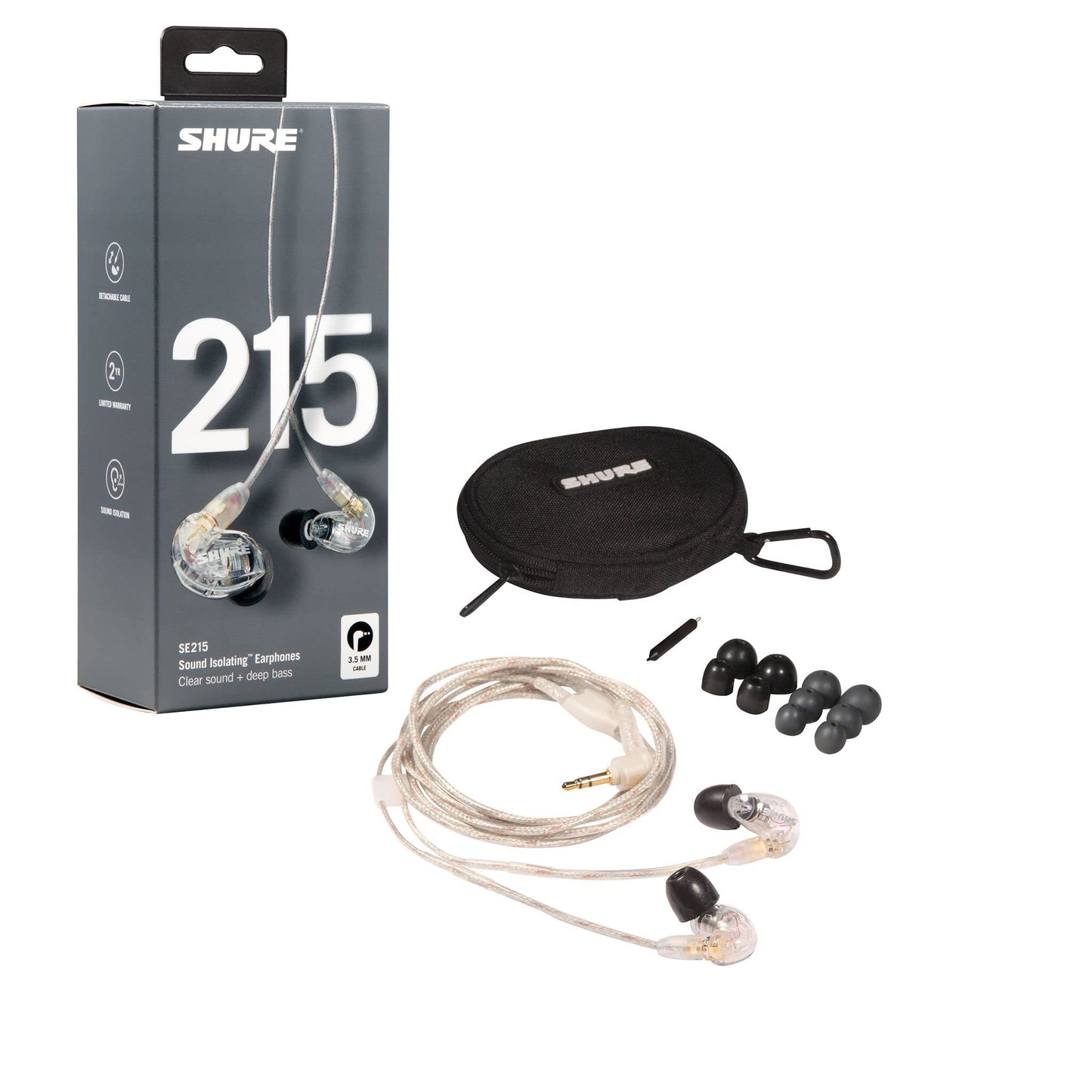 Shure SE215 PRO Wired Earbuds - Professional Sound Isolating Earphones, Clear Sound & Deep Bass, Single Dynamic MicroDriver, Secure Fit in Ear Monitor, plus Carrying Case & Fit Kit - Clear (SE215-CL)