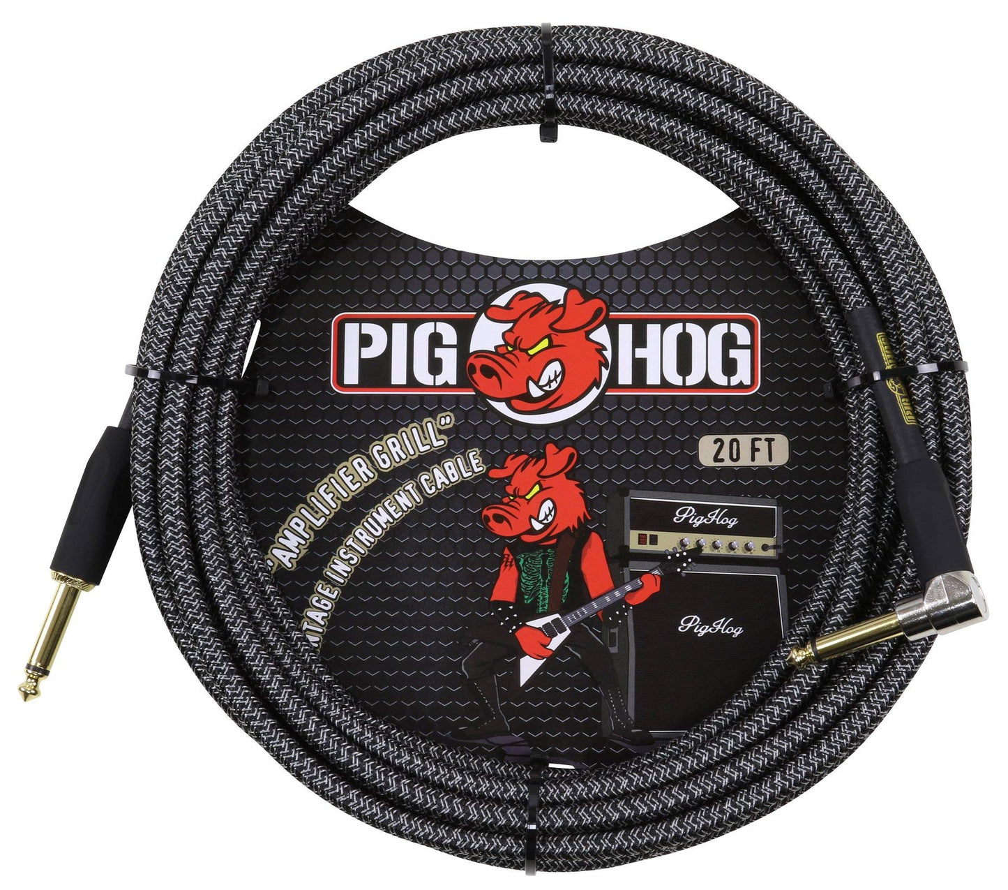 Pig Hog PCH20AGR Right-Angle 1/4" to 1/4" Amplifier Grill Guitar Instrument Cable, 20 Feet