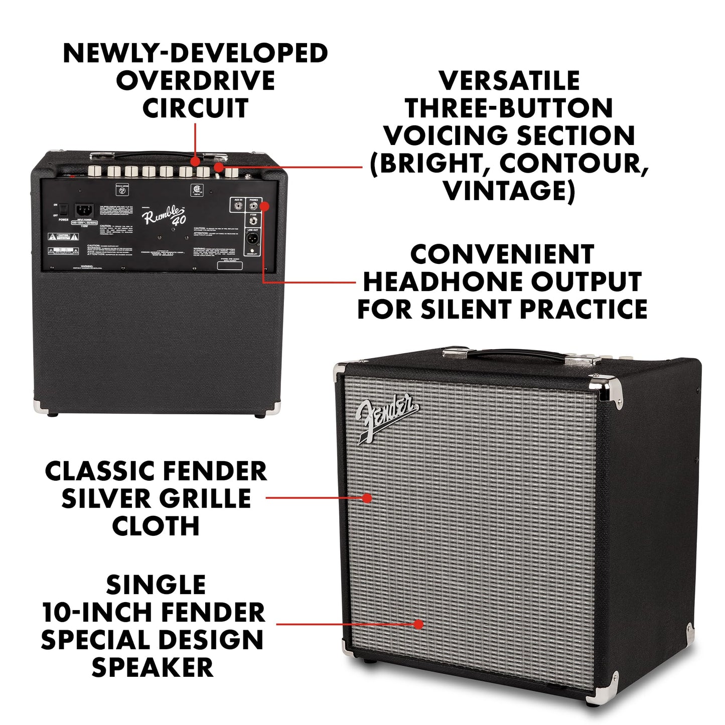 Fender Rumble 40 V3 Bass Amp for Bass Guitar, Bass Combo, 40 Watts, with 2-Year Warranty 8 Inch Speaker, with Overdrive Circuit and Mid-Scoop Contour Switch