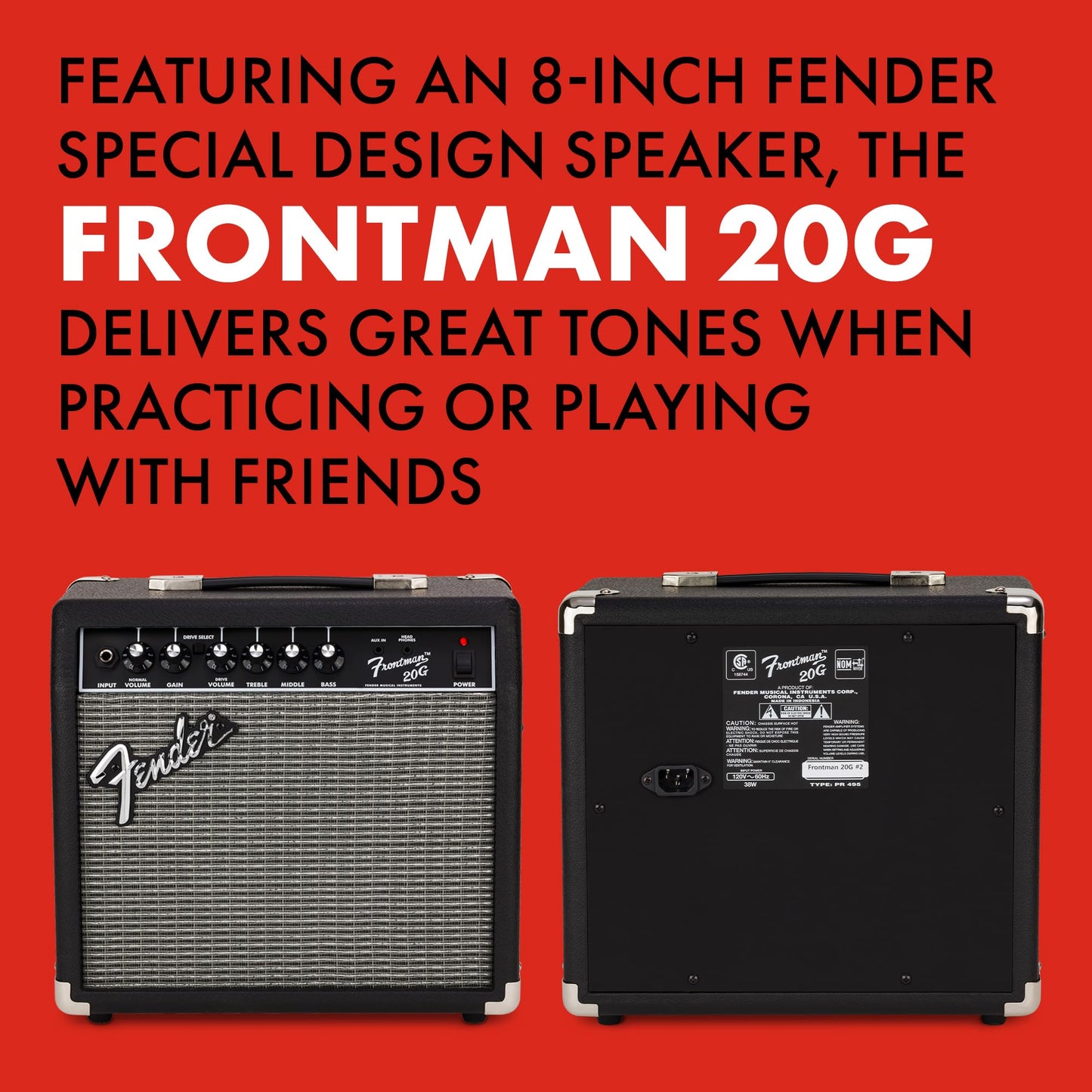 Fender Frontman 20G Guitar Amp, 20 Watts, with 2-Year Warranty 6 Inch Fender Special Design Speaker, 10x16x16 inches