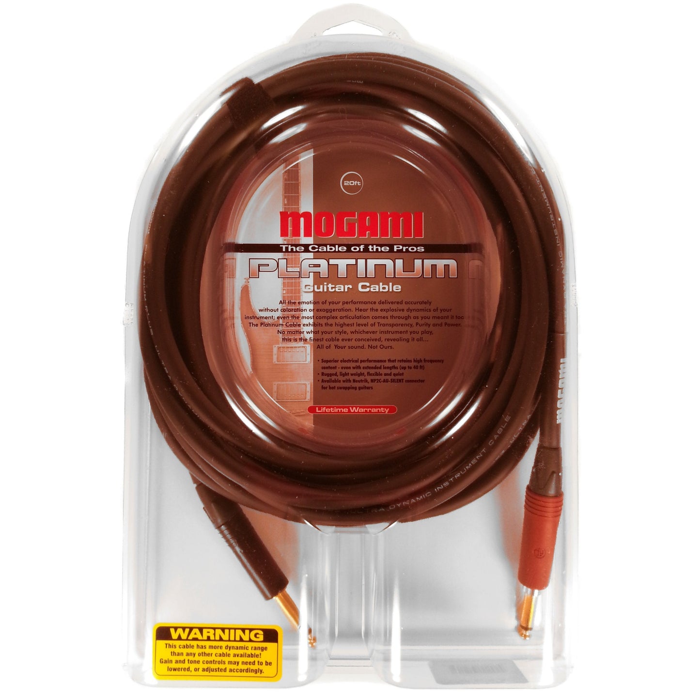 Mogami PLATINUM GUITAR-20 Instrument Cable, 1/4" TS Male Plugs, Gold Contacts, Straight Connectors with silentPLUG, 20 Foot