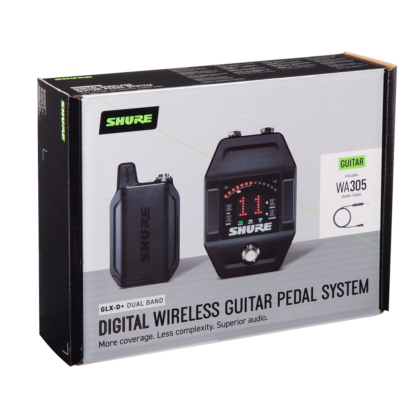 Shure GLXD16+ Dual Band Pro Digital Wireless System - Perfect for Guitar and Bass - 12-Hour Battery Life, 100 ft Range | includes WA305 Premium Guitar Cable with 1/4" Jack & Guitar Pedal Receiver