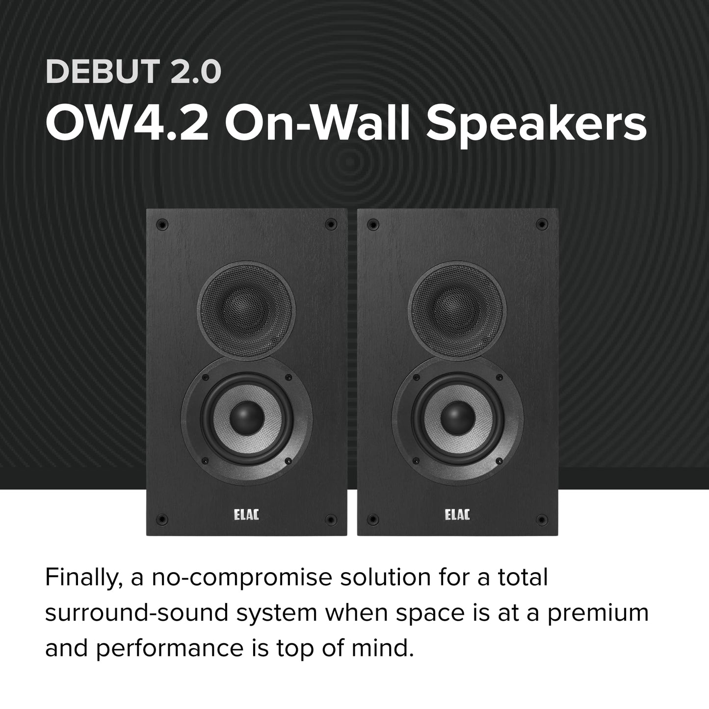 ELAC Debut 2.0 OW4.2 On-Wall Speakers, Black (Pair) - 1” Cloth Dome Tweeter & 4” Aramid Fiber Woofer - 2-Way Bass Reflex - Up to 35,000 Hz Response