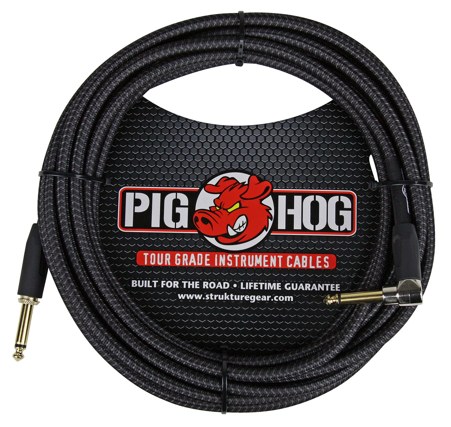 Pig Hog - PCH20BKR PC-H20BKR Right-Angle 1/4" to 1/4" Black Woven Guitar Instrument Cable, 20 Feet