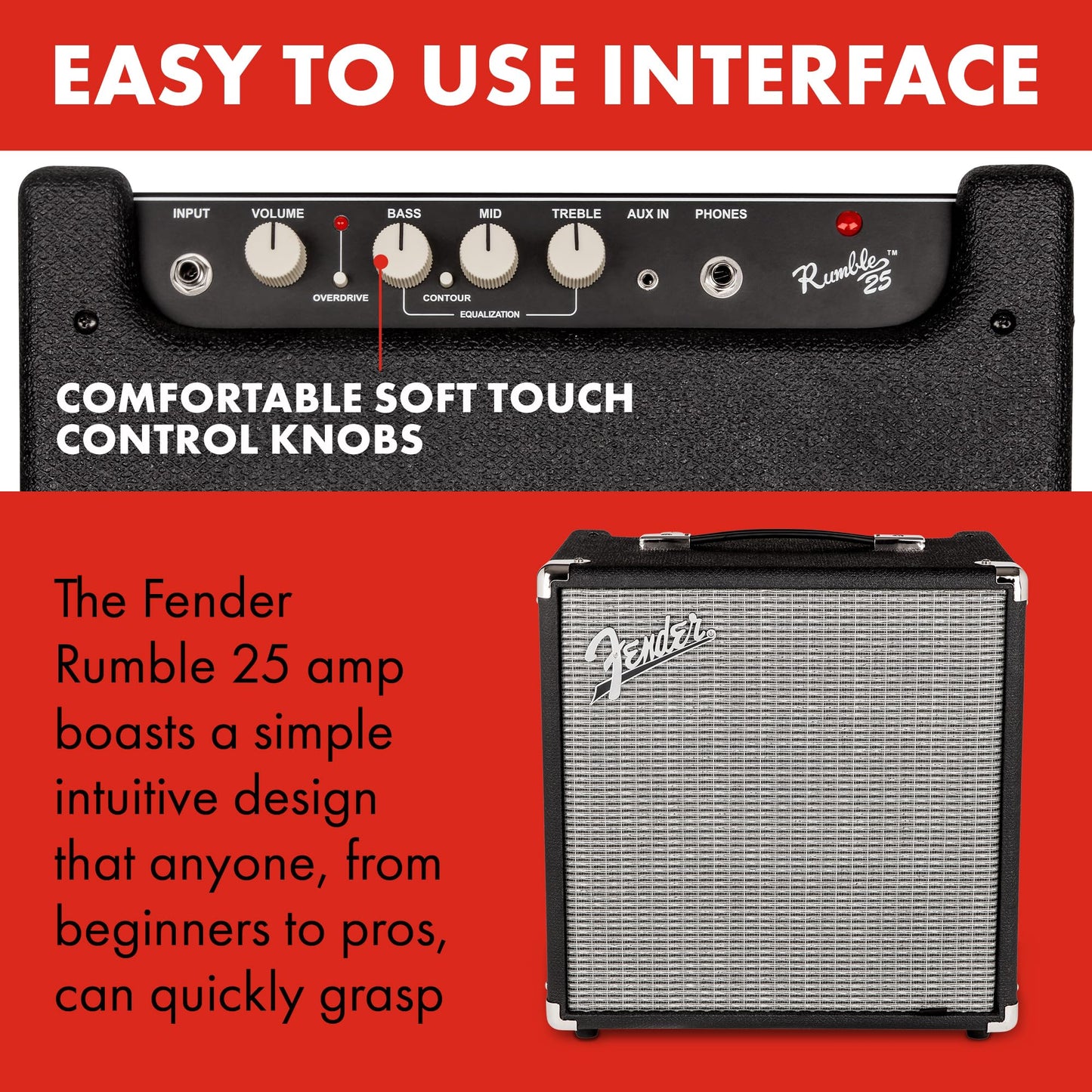 Fender Rumble 25 V3 Bass Amp for Bass Guitar, Bass Combo, 25 Watts, with 2-Year Warranty 8 Inch Speaker, with Overdrive Circuit and Mid-Scoop Contour Switch