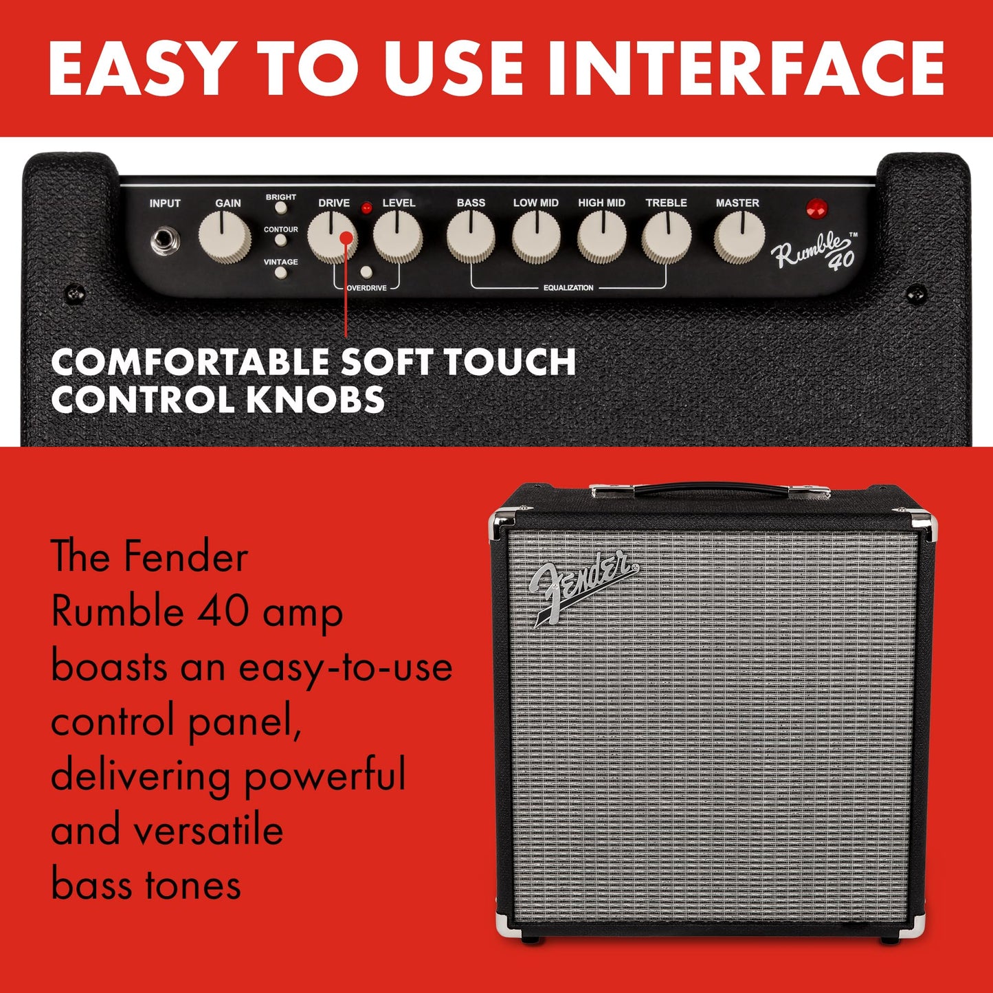 Fender Rumble 40 V3 Bass Amp for Bass Guitar, Bass Combo, 40 Watts, with 2-Year Warranty 8 Inch Speaker, with Overdrive Circuit and Mid-Scoop Contour Switch