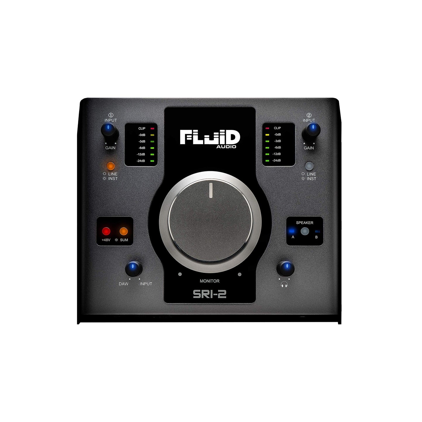 Fluid Audio SRI-2 : 2x2 USB desktop wedge w/24-bit/192kHz + 48v Phantom Power + 2X stereo monitor outputs + 2X Class A mic pres + Giant volume knob