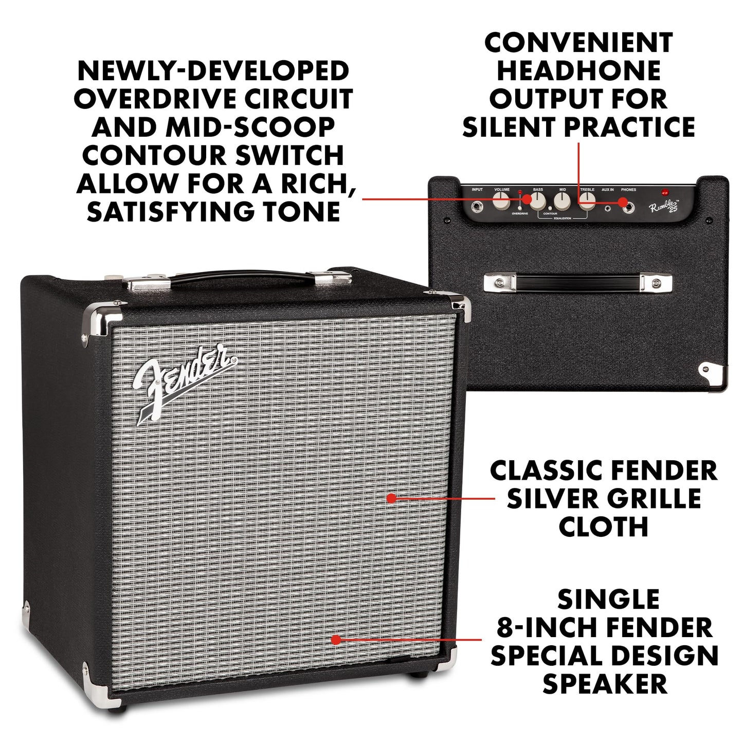 Fender Rumble 25 V3 Bass Amp for Bass Guitar, Bass Combo, 25 Watts, with 2-Year Warranty 8 Inch Speaker, with Overdrive Circuit and Mid-Scoop Contour Switch