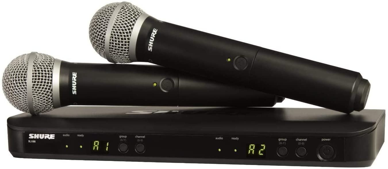 Shure BLX288/PG58 Wireless Microphone System for Two Performers with BLX88 Dual Channel Receiver and Two BLX2 Handheld Transmitters with PG58 Mic Capsules for Lead and Backup Vocal Applications