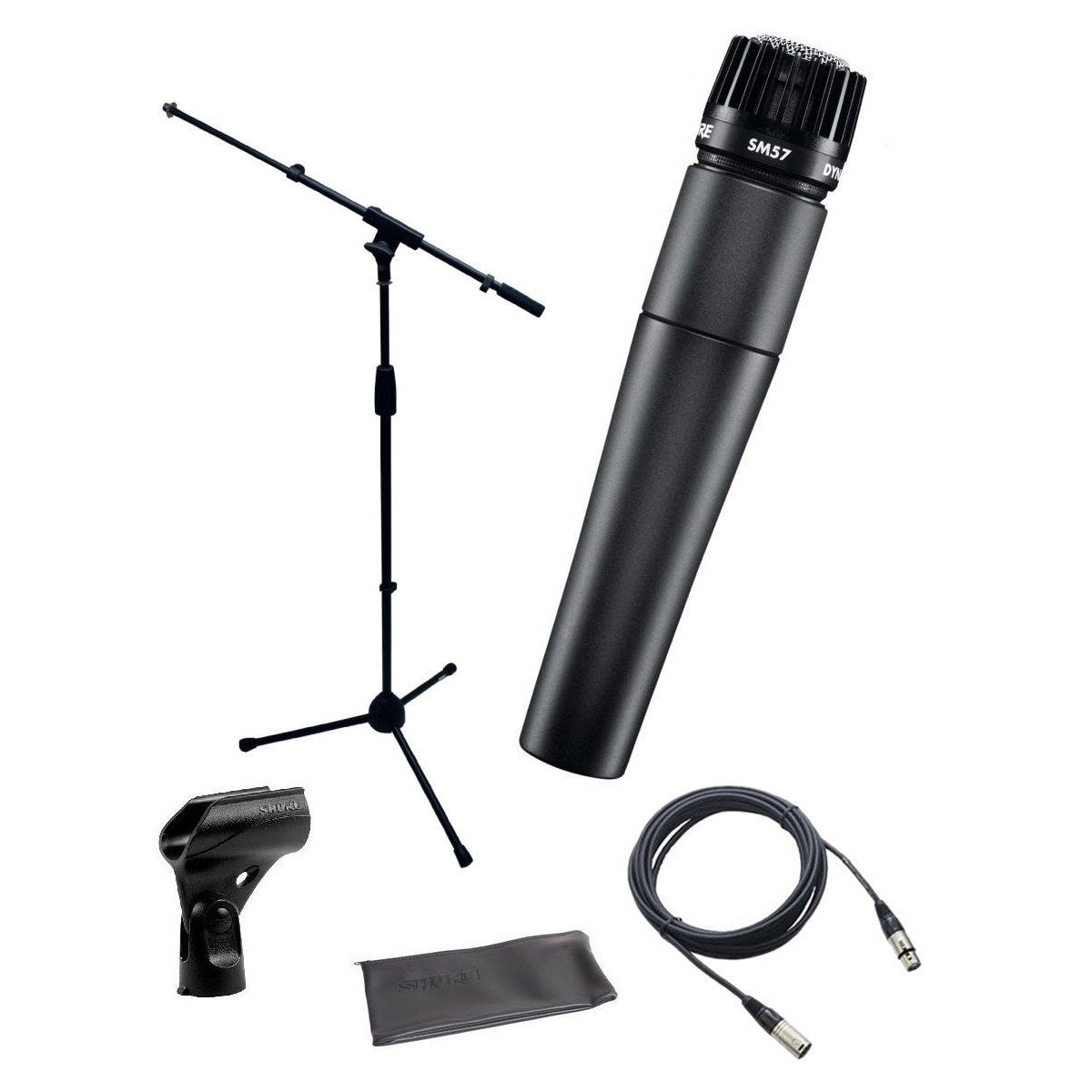 Shure SM57-LC Instrument/Vocal Cardioid Dynamic Microphone Bundle with Mic Boom Stand, XLR Cable, Mic Clip, and Bag