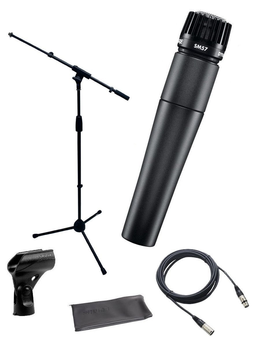 Shure SM57-LC Instrument/Vocal Cardioid Dynamic Microphone Bundle with Mic Boom Stand, XLR Cable, Mic Clip, and Bag