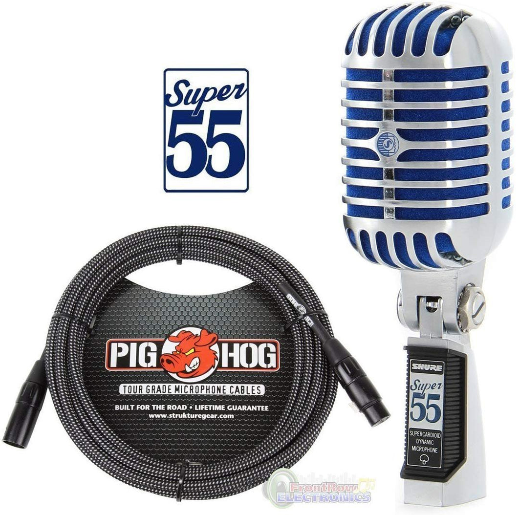 Shure Super 55 Deluxe Vocal Microphone & Pig Hog Black & White Woven Mic Cable, 20ft XLR - Bundle