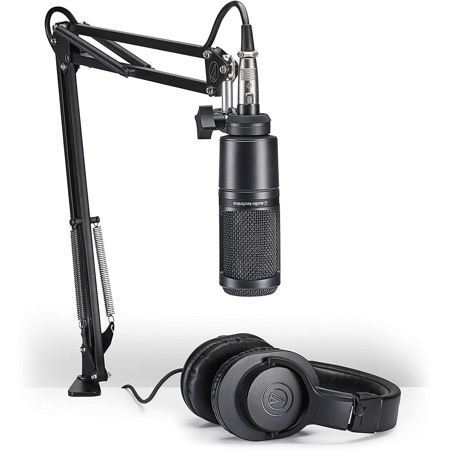 Audio-Technica AT2020PK Vocal Microphone Pack for Streaming/Podcasting, Includes XLR Cardioid Condenser Mic, Adjustable Boom Arm, and Monitor Headphones,Black