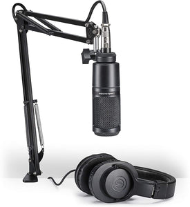 Audio-Technica AT2020PK Vocal Microphone Pack for Streaming/Podcasting, Includes XLR Cardioid Condenser Mic, Adjustable Boom Arm, and Monitor Headphones,Black